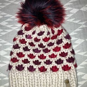 Stylish Cream and Red Knit Pom-Pom Hat